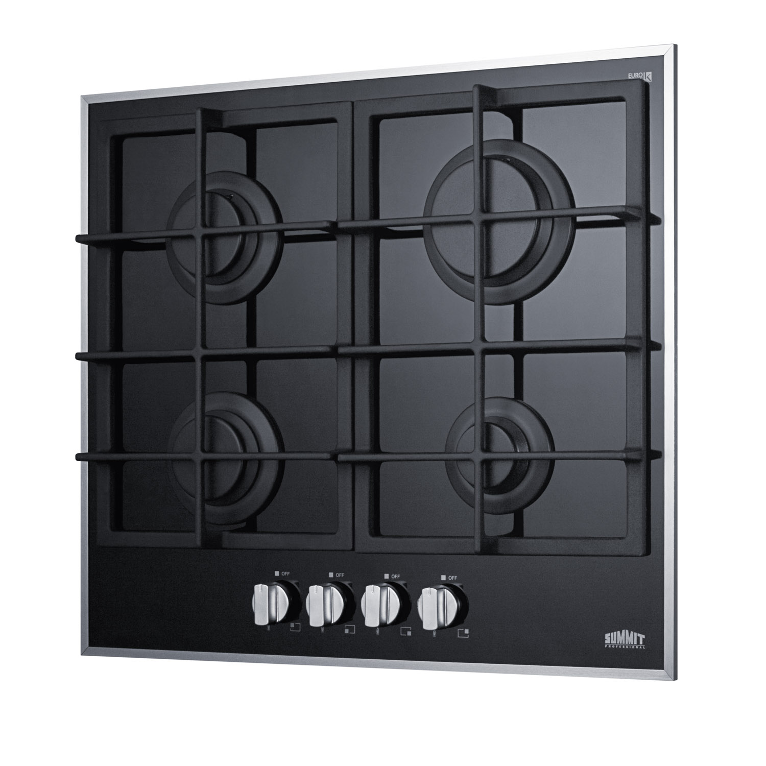 4-burner gas-on-glass cooktop with sealed burners and cast iron grates